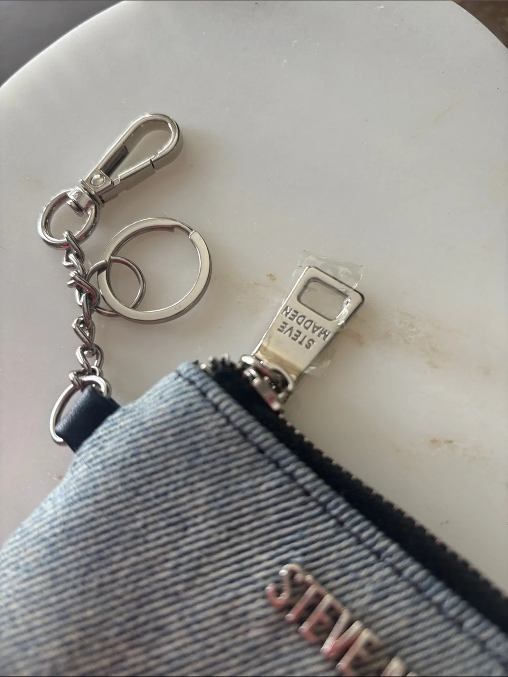 Steve Madden Medium Washed Denim zipped cardholder/coin pouch plus Key chain